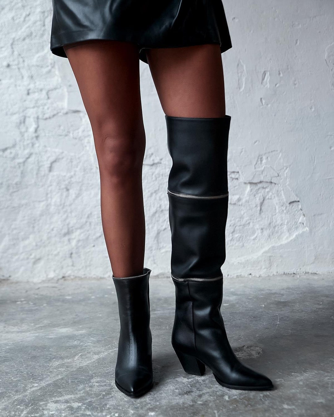 Black Leather Over the Knee High Boots,pointed Toe Boots,zipper Boots