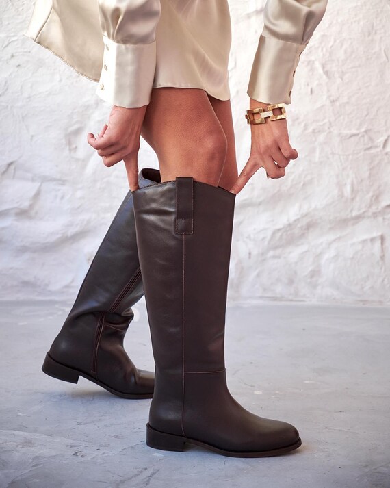 Brown Genuine Leather Knee High Boots for Women, Classic Tall Riding Boots,  Equestrian Boot