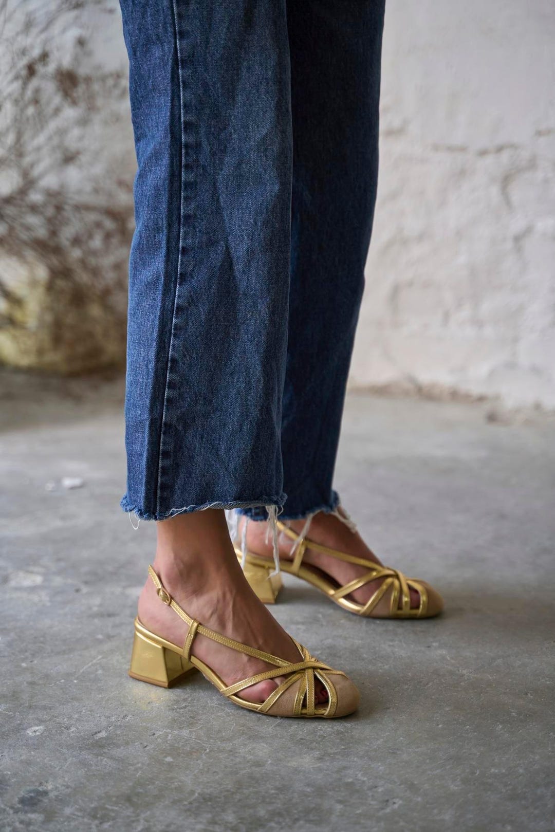 Buy Gold Strappy Block Heel Sandals, Geuine Leather Slingback Heels,  Wedding Party Shoes Online in India