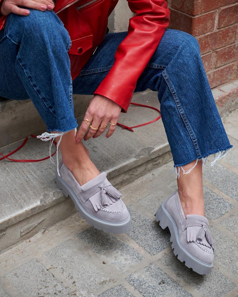 Gray suede Tekel Tassel Detailed Women's Loafers,Navy blue and Burgundy suede women loafers,handmade loafers,oxford shoes,leopard loafers image 3