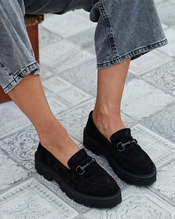 Womens black deals suede loafers shoes