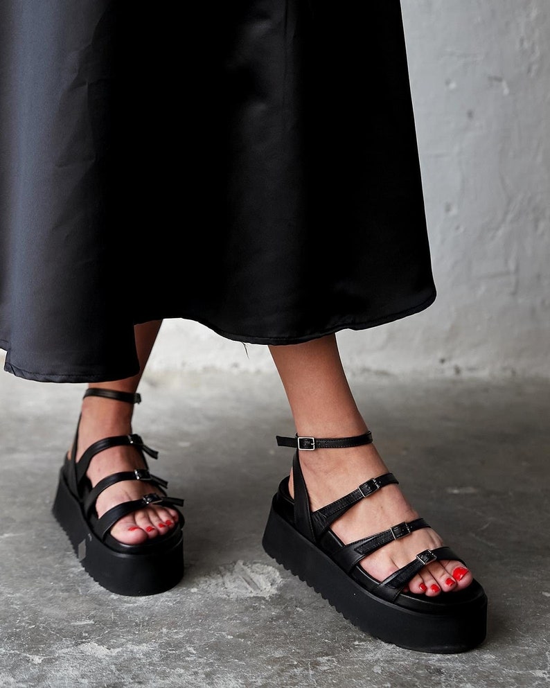 Black leather sandal,ankle strap sandals,high-soled sandals,Beige leather sandals,strappy sandals,platform sandals,leopard print sandals image 1
