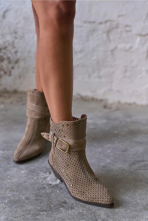 Taupe Suede Western Ankle Boots, Studded Boho Cowgirl Booties, Block Heeled  Pointed Toe Boots