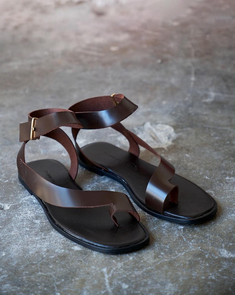 Brown Leather Sandals,ankle Strap Sandals,flat Soled Sandals,summer Women Shoes,open Toe Sandals ...