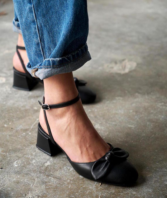 Buy Black Leather Ankle Strap Block Heels, Elegant Closed Toe High