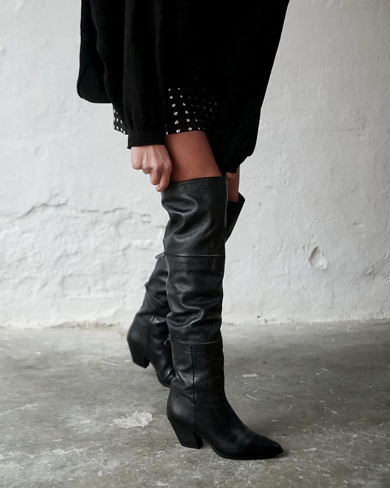 Black Leather Over the Knee High Boots,pointed Toe Boots,zipper Boots