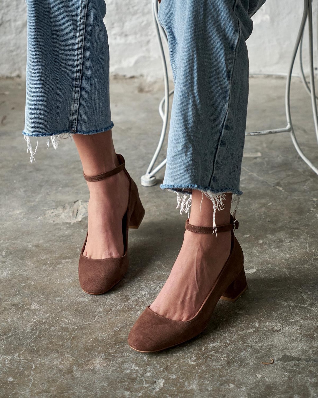 Brown Suede Mary Jane Heels, Leather Strappy Block Heel Sandals