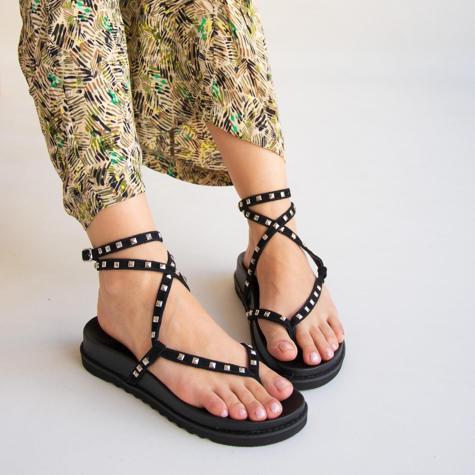 Black Suede Studded Gladiator Sandals for Women – Boho Strappy Flat Summer Sandals with Cushioned Sole – Comfortable Ankle Strap Sandals