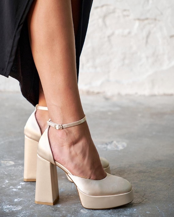 Beige Satin Platform Heels bridal Shoes wedding Shoes ankle Strap Heels closed Toe Heels dress Shoes ankle Strap Heels platform Shoes Etsy Canada