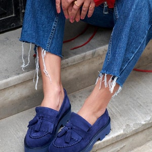 Gray suede Tekel Tassel Detailed Women's Loafers,Navy blue and Burgundy suede women loafers,handmade loafers,oxford shoes,leopard loafers image 4