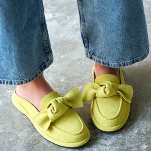 Yellow Suede Bow Mules, Elegant Slip On Loafers for Women, Chic Flat Shoes, Comfortable Casual Mules, Green suede mules, Suede slippers
