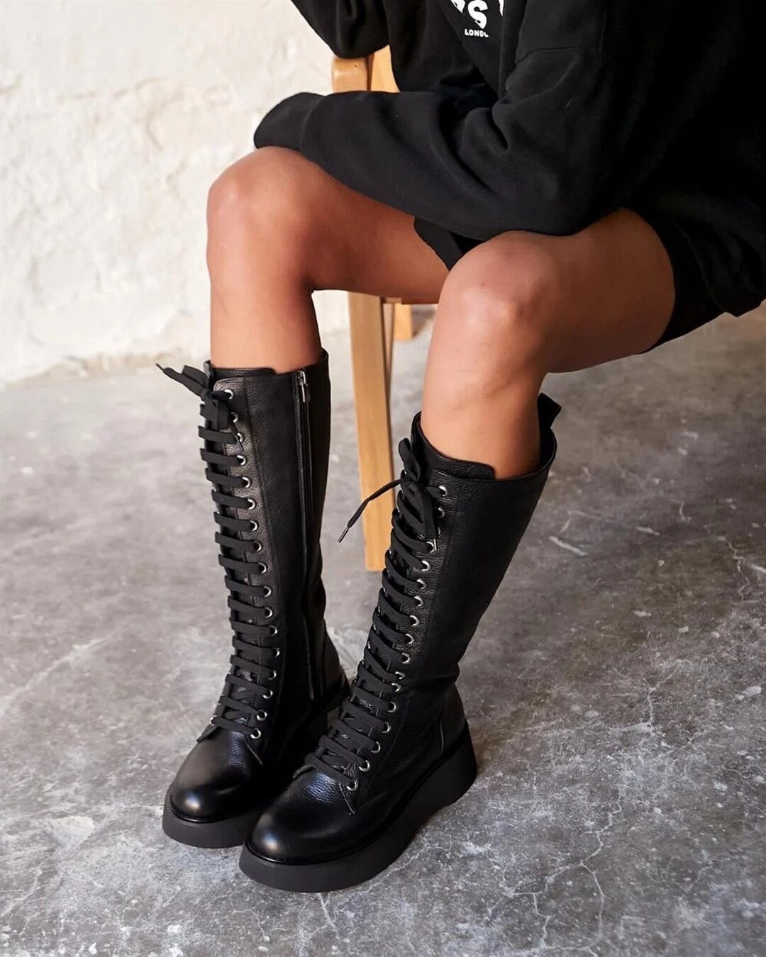 Women's Genuine Leather Laceup Zippered Knee Boots,black Genuine Leather Lace up Boots for