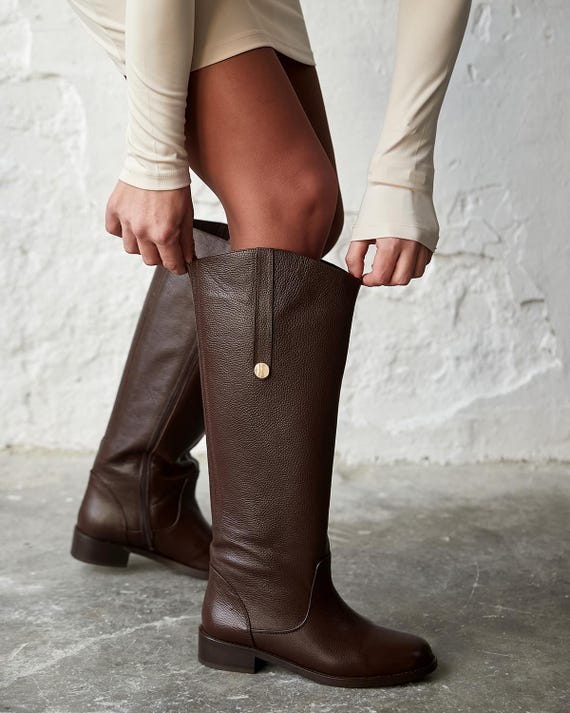Brown Genuine Leather Knee High Boots, Wide Calf Flat Riding Boots for Women