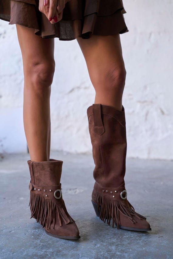 Brown Suede Fringe Knee High Cowboy Boots, Western Boho Festival - Main Image