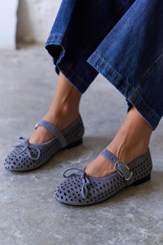 Gray Suede Mary Jane Flats, Perforated Leather Ballet Shoes, Women