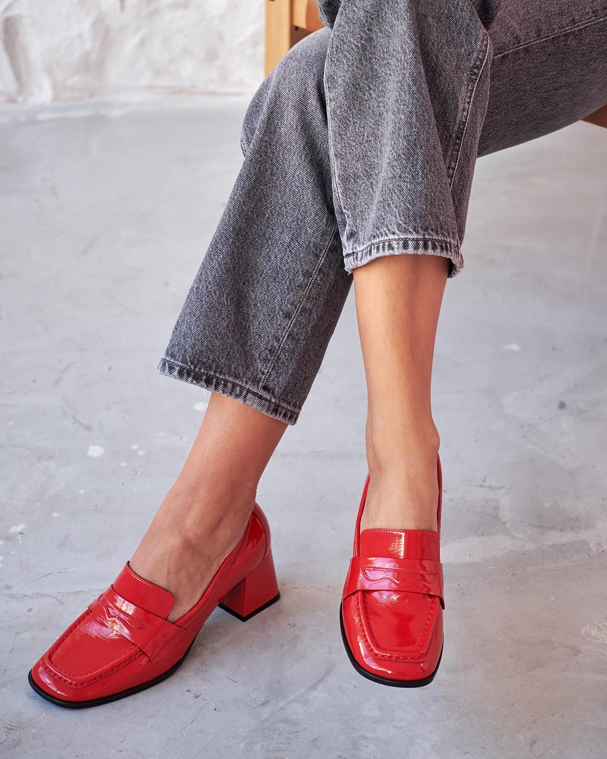 Black Patent Leather Heeled Loafer Shoes,block Heeled