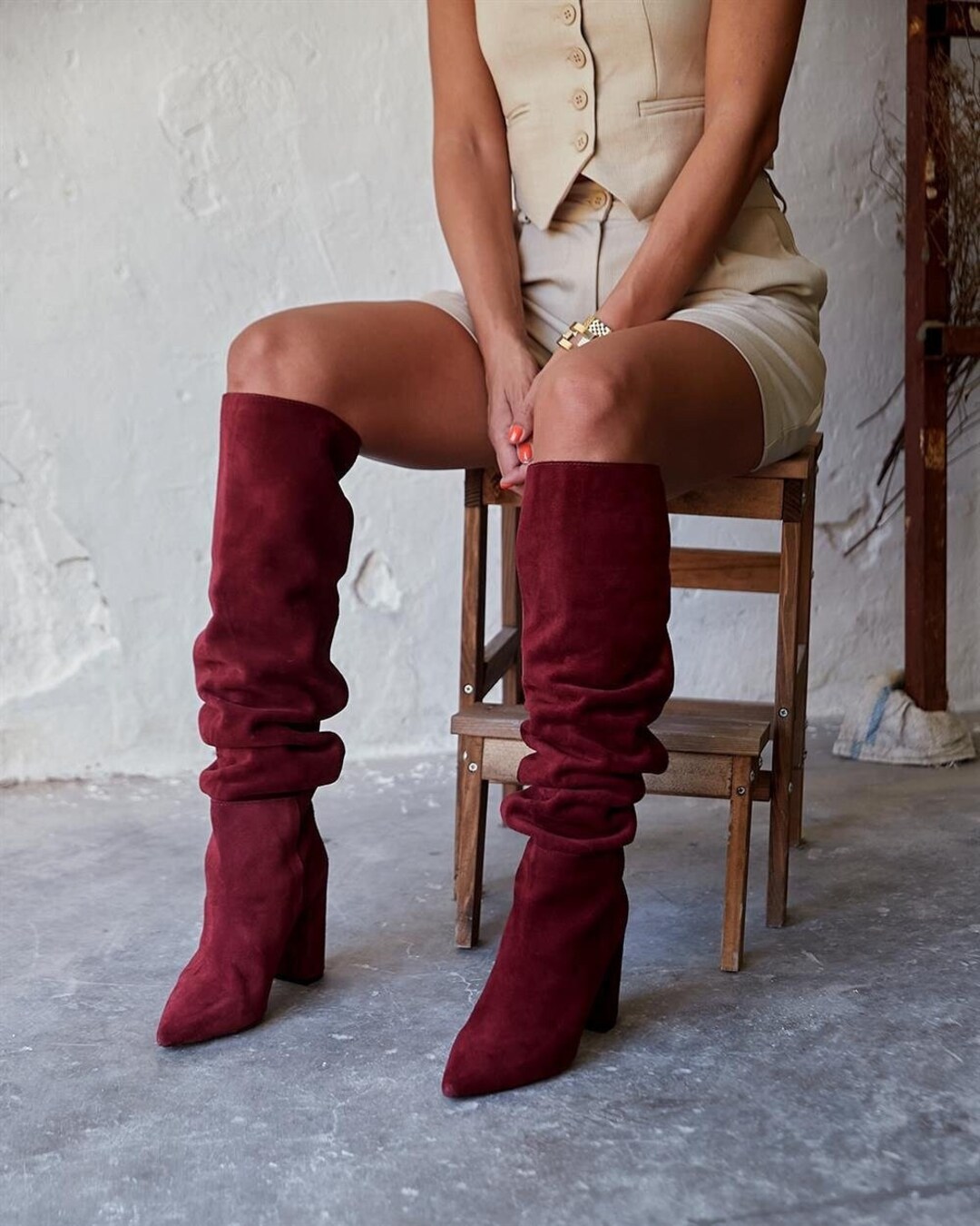 Women Leather Knee High Boots,black,burgundy,mink Over the Knee Leather