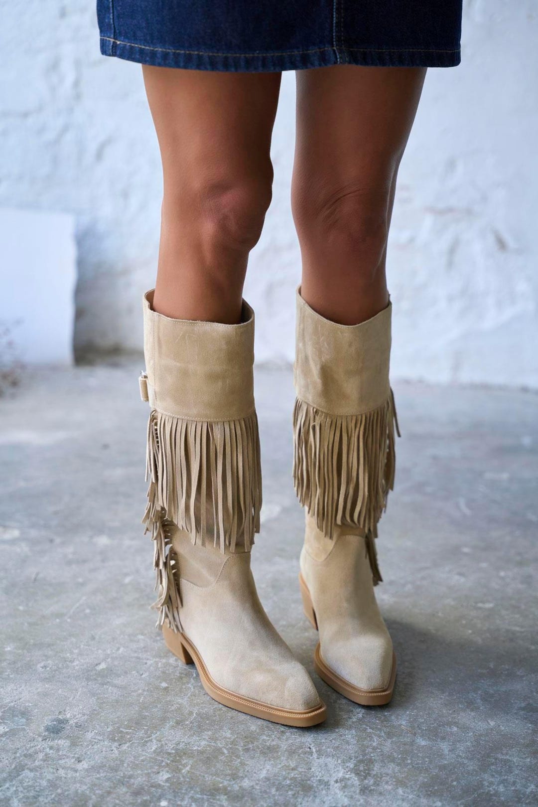 Beige Suede Fringe Knee High Boots, Wide Calf Western Style