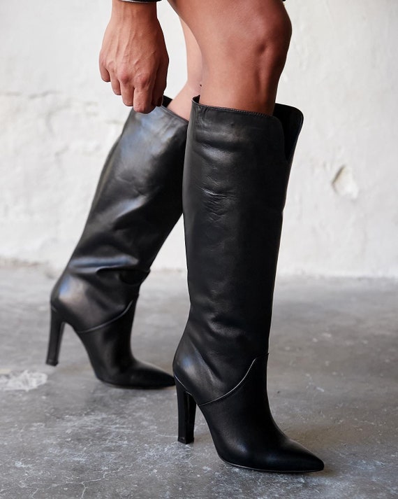 Black leather knee high boot pointed toe boot wide calf boot leather tall boots black high heeled boot fall boots genuine leather boots