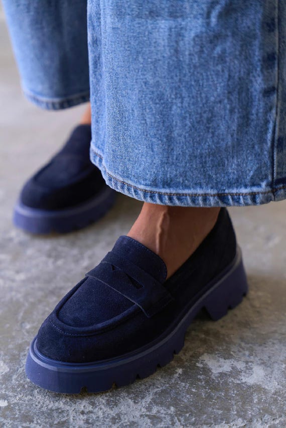 Handmade Green Suede Penny Loafers, Platform Oxford Style