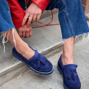 Gray suede Tekel Tassel Detailed Women's Loafers,Navy blue and Burgundy suede women loafers,handmade loafers,oxford shoes,leopard loafers image 5