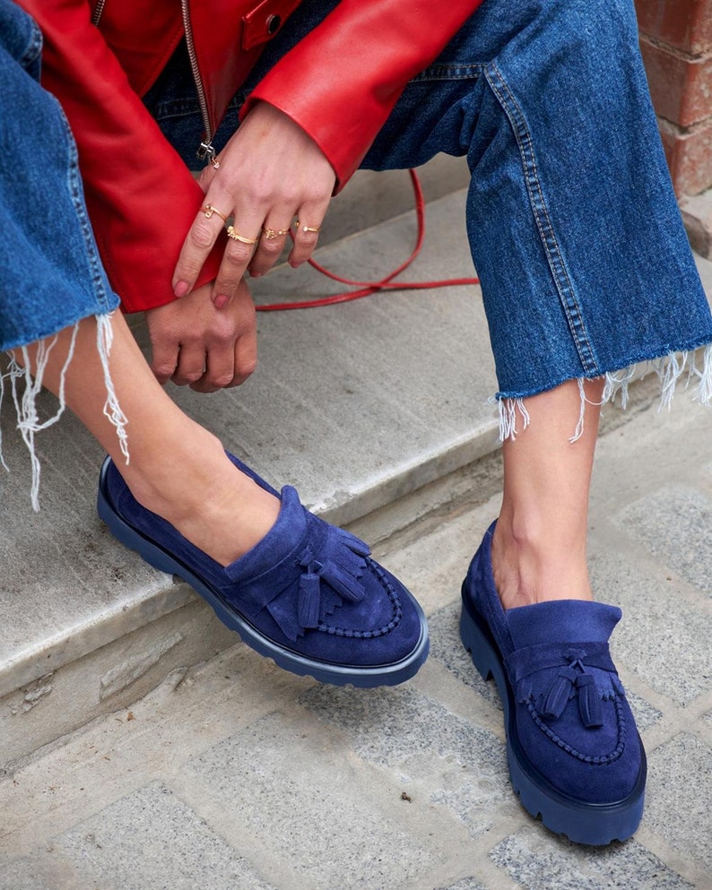 Gray suede Tekel Tassel Detailed Women's Loafers,Navy blue and Burgundy suede women loafers,handmade loafers,oxford shoes,leopard loafers image 5