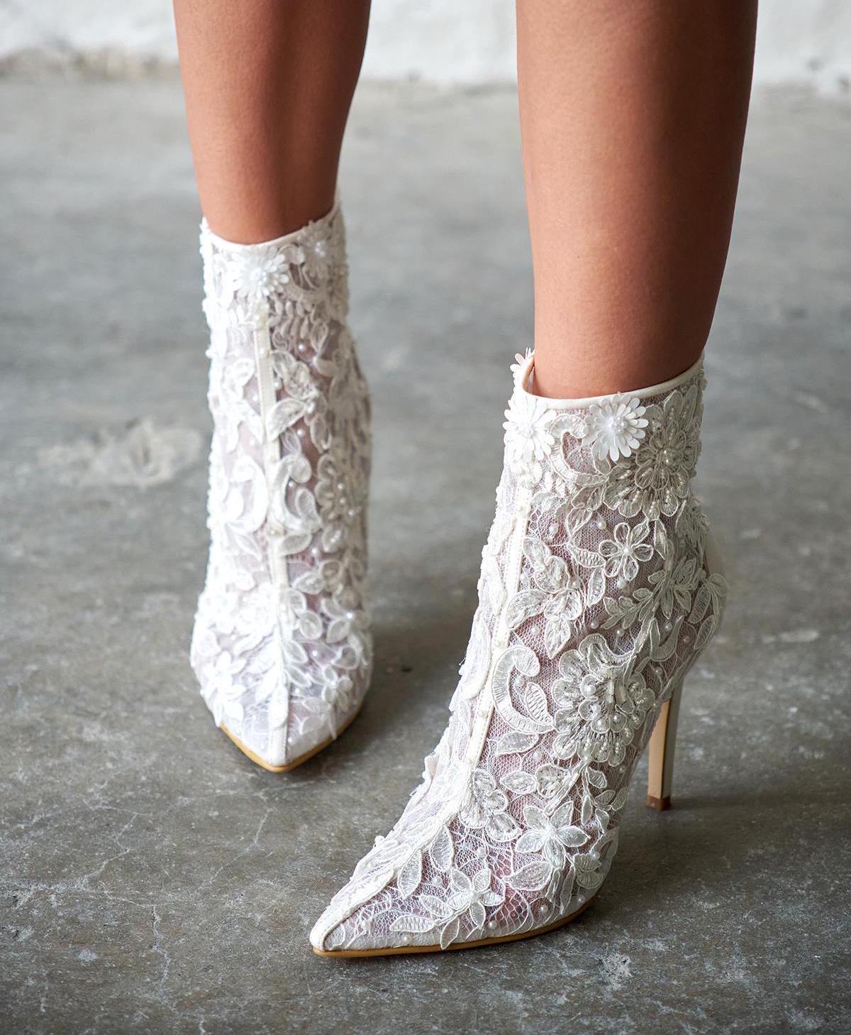 Stiletto White Lace Booties Heels White Lace Applique Ankle Boots