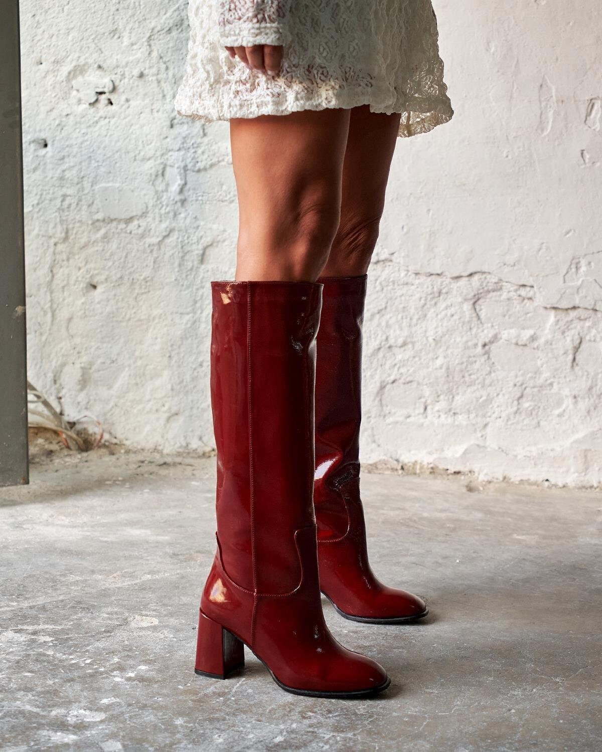 Red leather long boots new arrivals