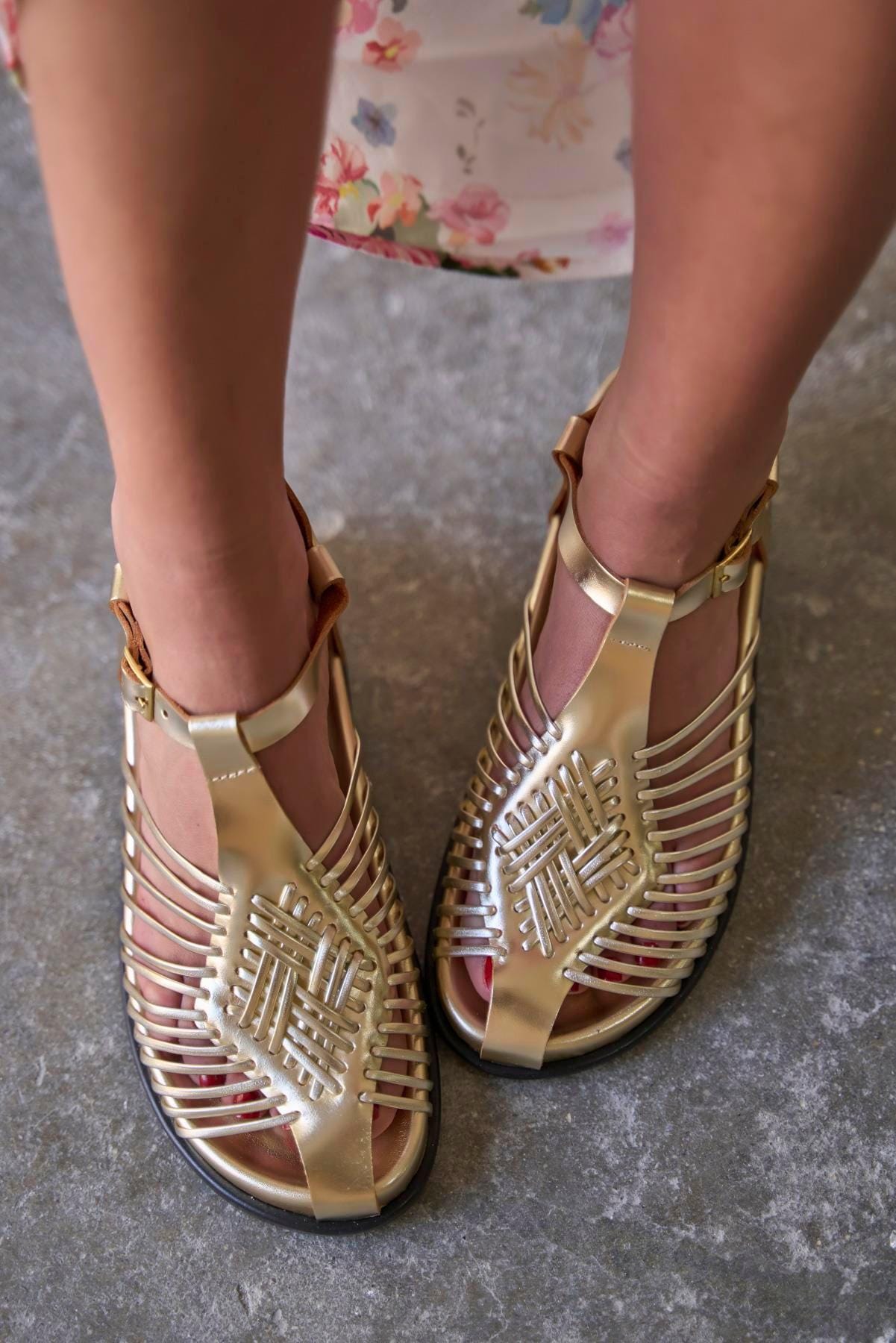 Handmade Gold Leather Fisherman Sandals, Women's Boho Summer Flats, Huarache Shoes, Strappy Sandals