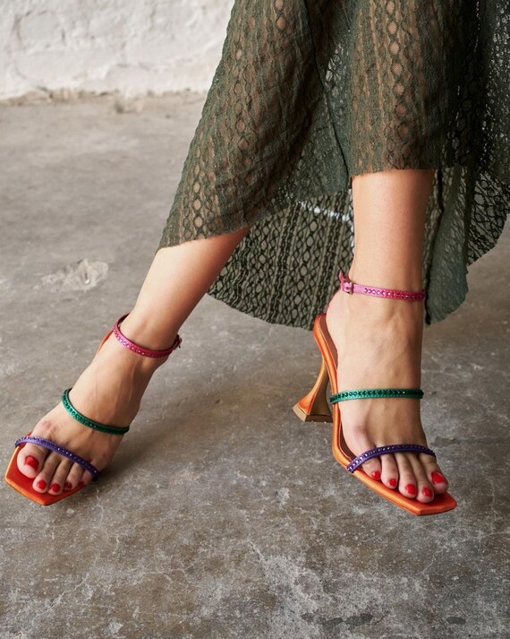 Orange Strappy High Heels for Women – Colorful Studded Party Sandals  –square Toe Summer Heel Shoes – Orange Satin Heels -evening Dress Shoes -  Etsy