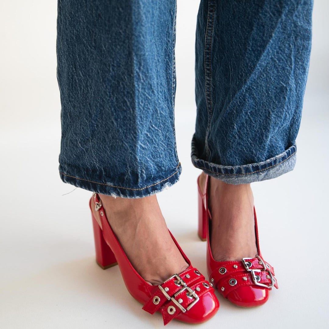 Red Patent Leather Block Heel Slingback Shoes,square Toe Heels for — free download