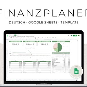 May include: A screenshot of a Google Sheets template for a German personal finance planner. The spreadsheet includes sections for income, expenses, and a pie chart showing spending categories. The template is labelled "FINANZPLANER DEUTSCH GOOGLE SHEETS TEMPLATE".