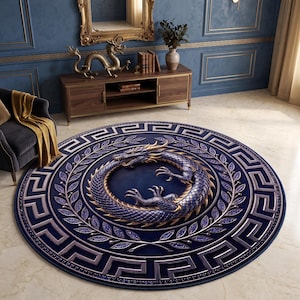 Könnte beinhalten: Ein runder Teppich mit tiefblauem Hintergrund und einem zentralen, dreidimensional wirkenden Drachen, der sich im Kreis windet. Das Design umfasst einen Kranz aus silbernen Blättern und eine äußere Bordüre mit geometrischem Mäandermuster.