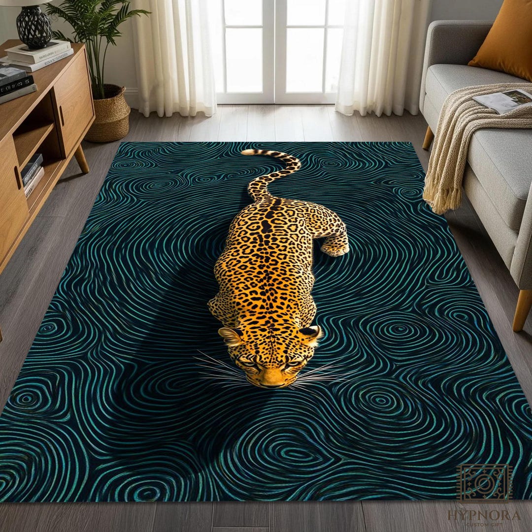 Leopard Print Tile Area Rug - Teal and Gold Animal Design Carpet - Etsy