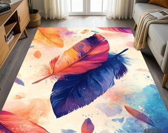 Watercolor Feather Tile Area Rug: Colorful Boho Home Decor - Washable Carpet