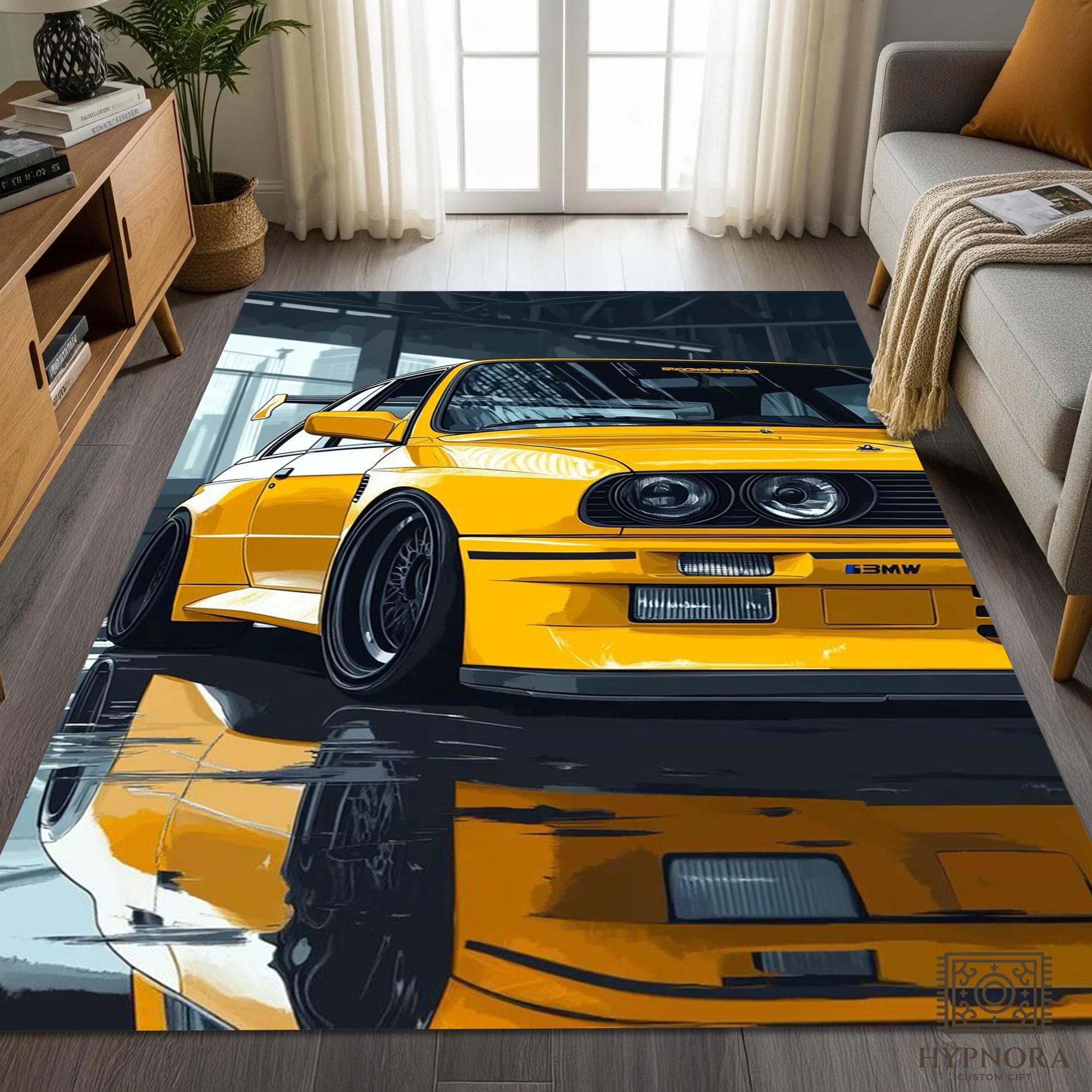 BMW Retro Sport Car Rug, Classic Yellow Performance Car Carpet Washable ...