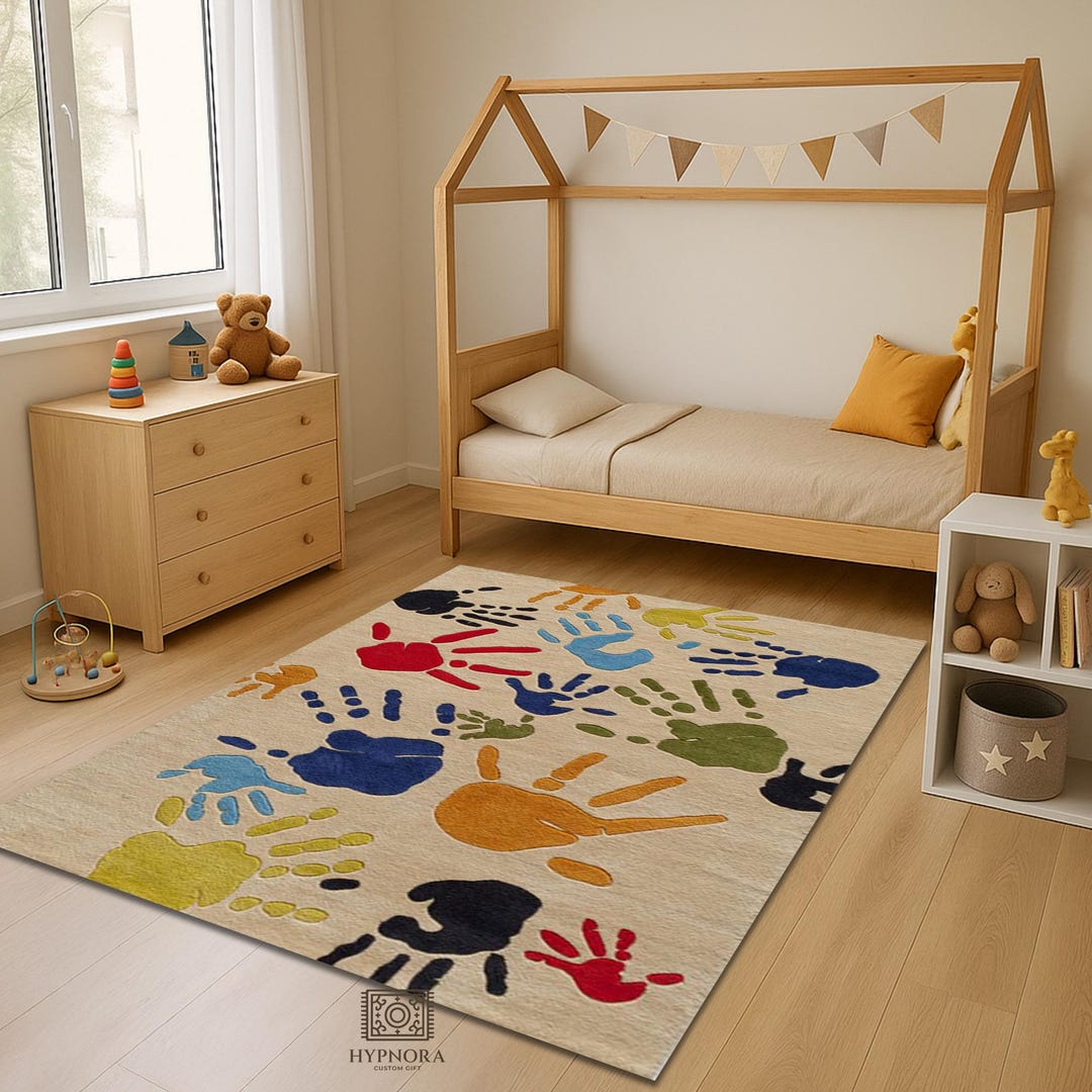 Patterned Rug Kids Colorful Handprint Area Rug - Kids Playroom Nursery Carpet - Etsy
