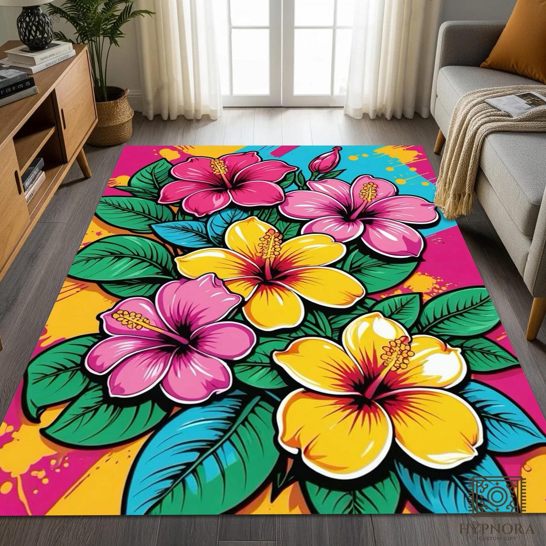 Hibiscus Rug Tropical Hibiscus Pop Art Rug, Colorful Floral Area Carpet, Non-slip ...
