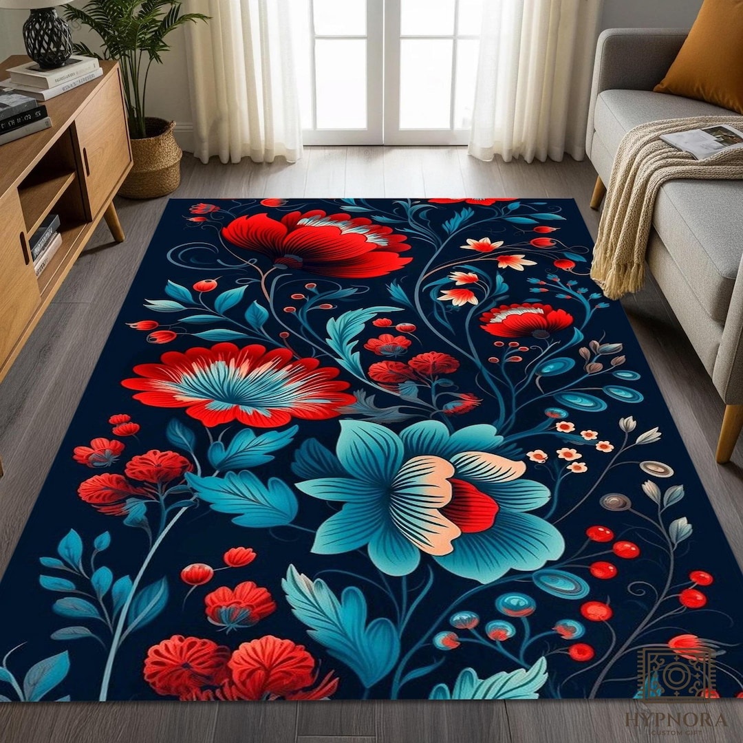 Floral Folk Art Area Rug: Red, Teal & Navy, Nonslip Washable Carpet - Etsy