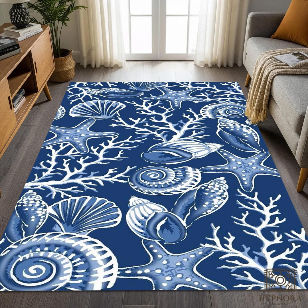 Sea Shell Patern Rug Seashell Pattern Area Rug: Navy Blue Coastal Welcome Carpet - Etsy