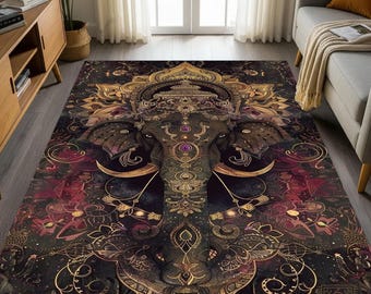 Elephant Mandala Area Rug: Gold, Purple Indian Art - Nonslip Washable Carpet