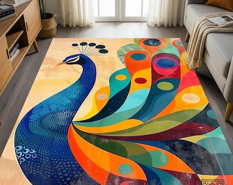Modern Peacock Area Rug: Colorful Geometric Feather Design, Non-Slip Washable Carpet