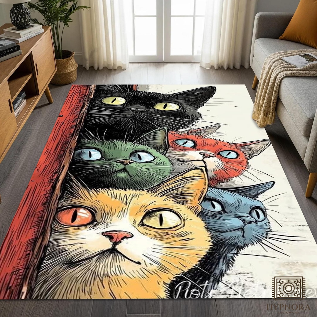 Cat Rug Design Curious Cats Illustrated Wall Art Rug – Whimsical Colorful Cat Design ...