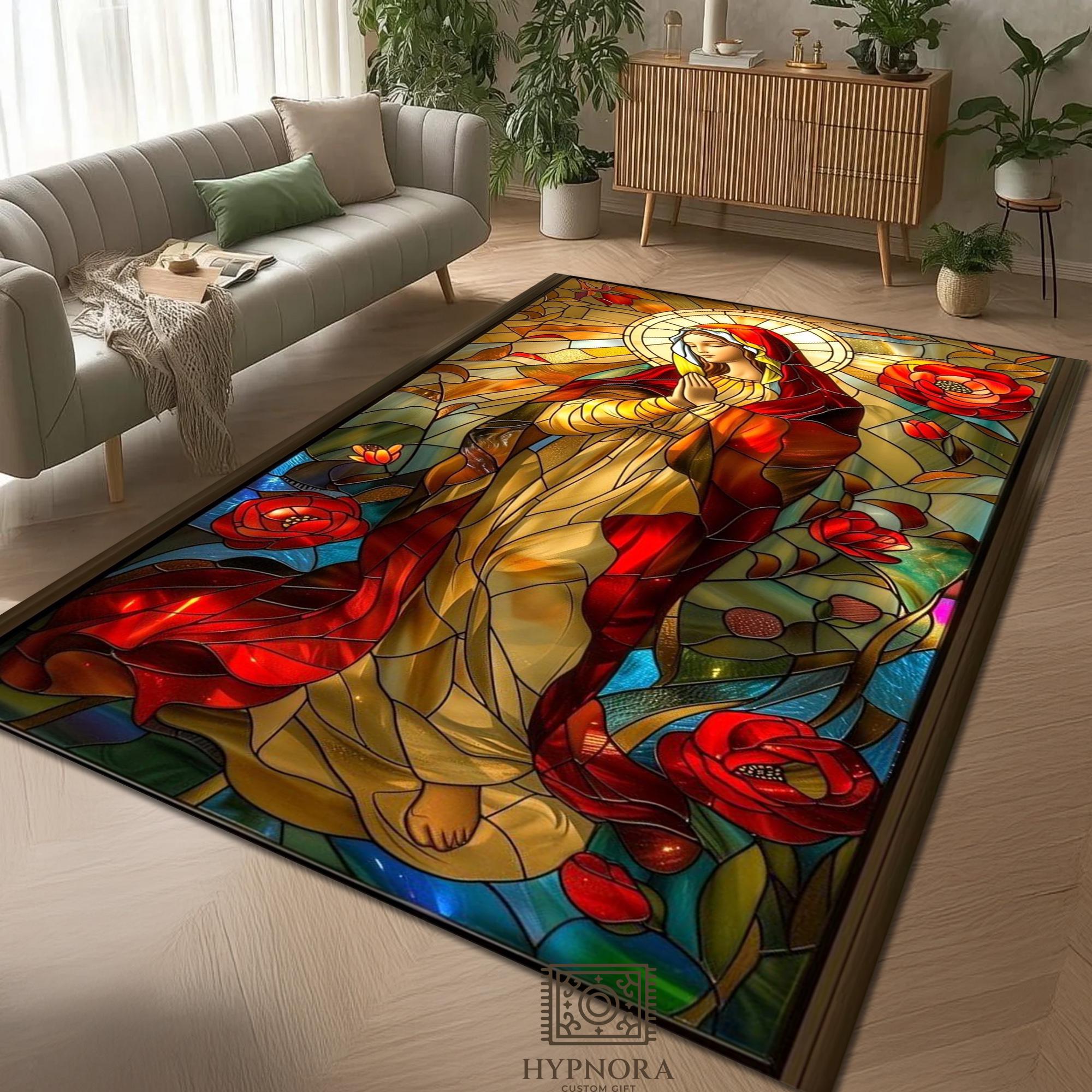 Stained Glass Rug Design Virgin Mary Stained Glass Rug - Religious Floral Art, Non-slip Carpet ...