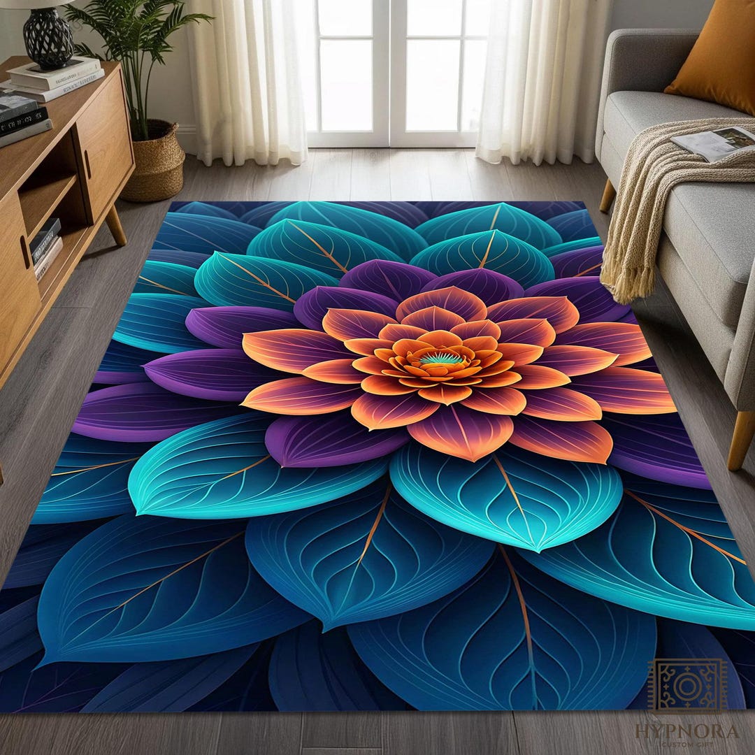 Modern Rug Lotus Rug 3D Lotus Flower Area Rug: Teal, Orange & Purple Mandala Washable Carpet ...