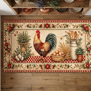 May include: A rectangular kitchen rug featuring a central rooster illustration, a basket of eggs, wheat stalks, a ceramic pitcher with wooden spoons, and garlic bulbs. The border displays a red and white checkered pattern with floral accents.