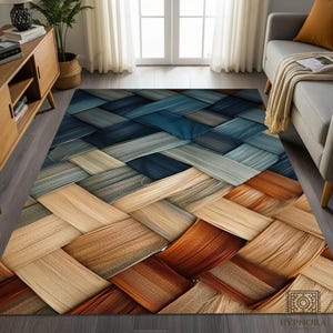 May include: A rectangular rug with a woven design in blue, grey, and brown tones. The rug's pattern features a textured, overlapping weave, creating a sense of depth and a natural aesthetic. Suitable for living rooms and bedrooms, it measures approximately 200cm x 300cm.