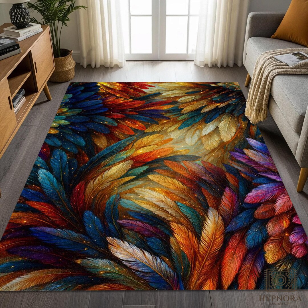 Feathered Rug Feather Area Rug: Colorful Abstract Boho Decor, Nonslip Washable Carpet ...