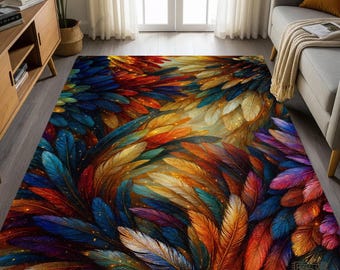 Feather Area Rug: Colorful Abstract Boho Decor, Nonslip Washable Carpet