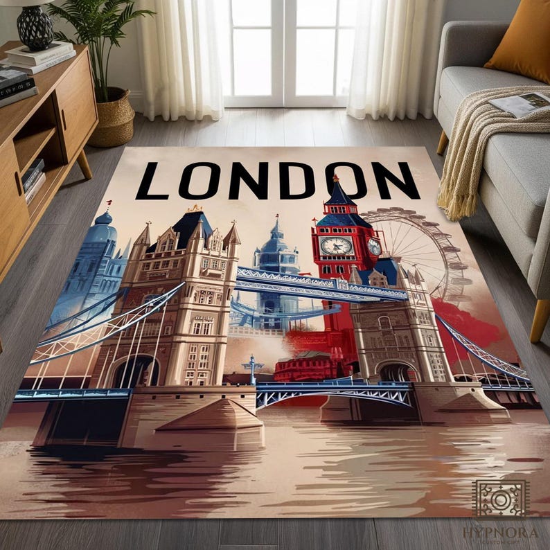 London Rug London Landmarks Area Rug: Big Ben, Tower Bridge, Washable Carpet - Etsy